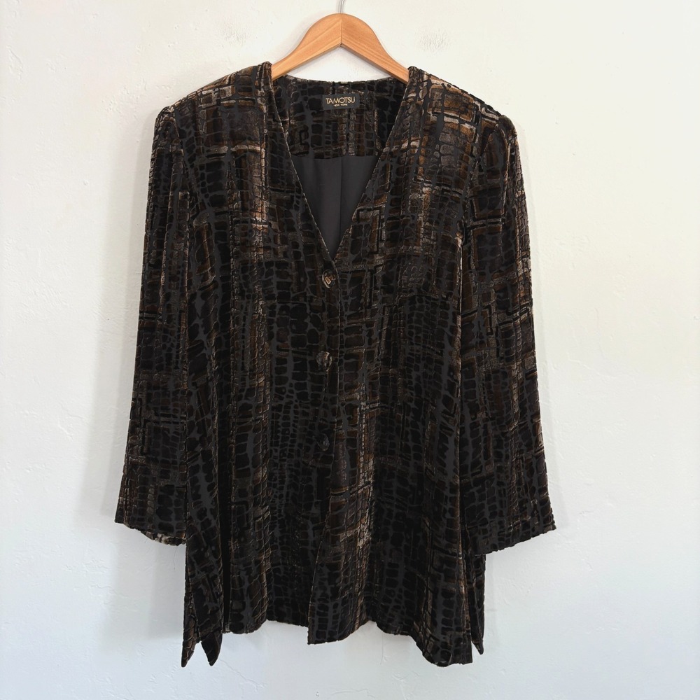 Tamotsu Vintage Burnout Jacket Women Size Large? Brown Black Silk Blend